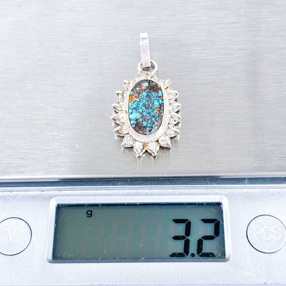 Vintage Sterling Silver 950 Turquoise Cubic Zirconia Pendant - Picture 6 of 7